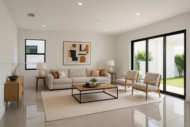 a living room with furniture and large windows