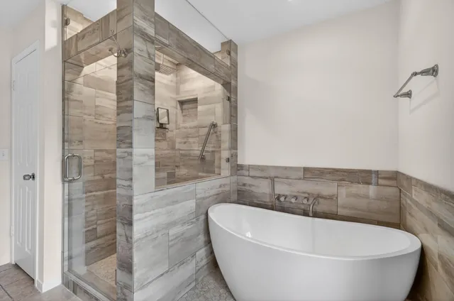 a bathroom with a bathtub