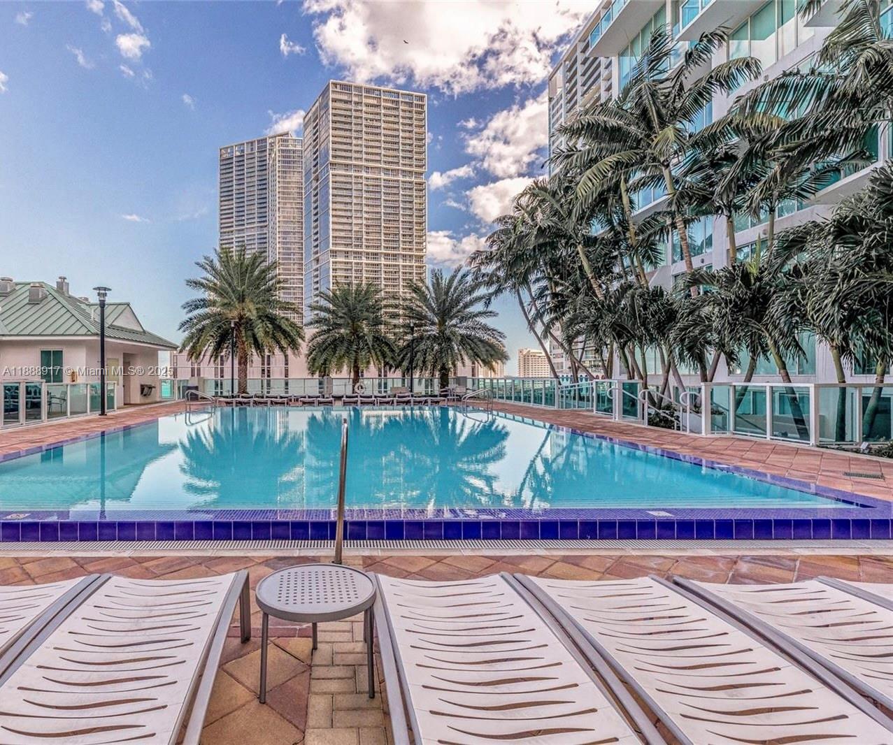 41 Southeast 5th Street, Unit 501 Miami, FL 33131 - Photo 36 of 36 a view of a swimming pool with a lawn chairs and palm trees