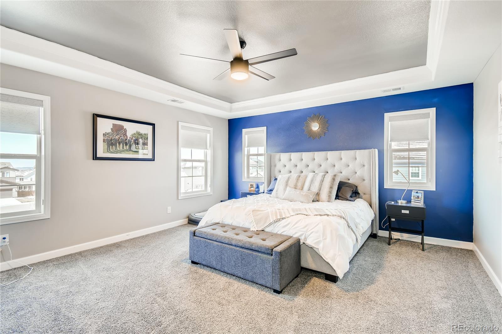 14402 Double Dutch Circle Parker, CO 80134 - Photo 14 of 31 a spacious bedroom with a bed ceiling fan and a window