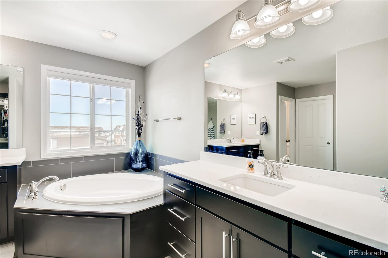 14402 Double Dutch Circle Parker, CO 80134 - Photo 17 of 31 a bathroom with a sink a large mirror and a bathtub