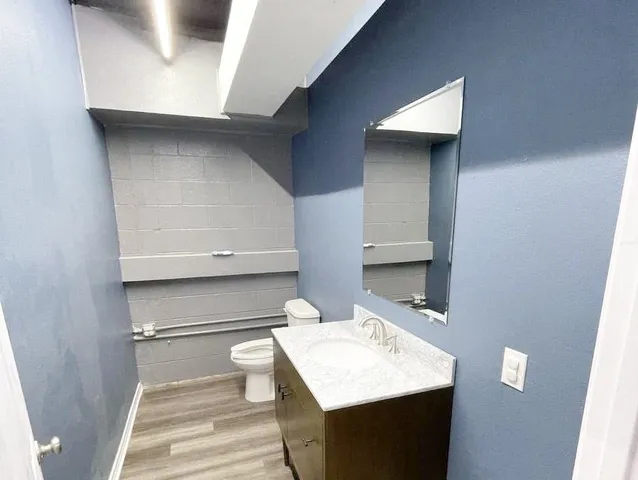 a bathroom with a sink a toilet and mirror