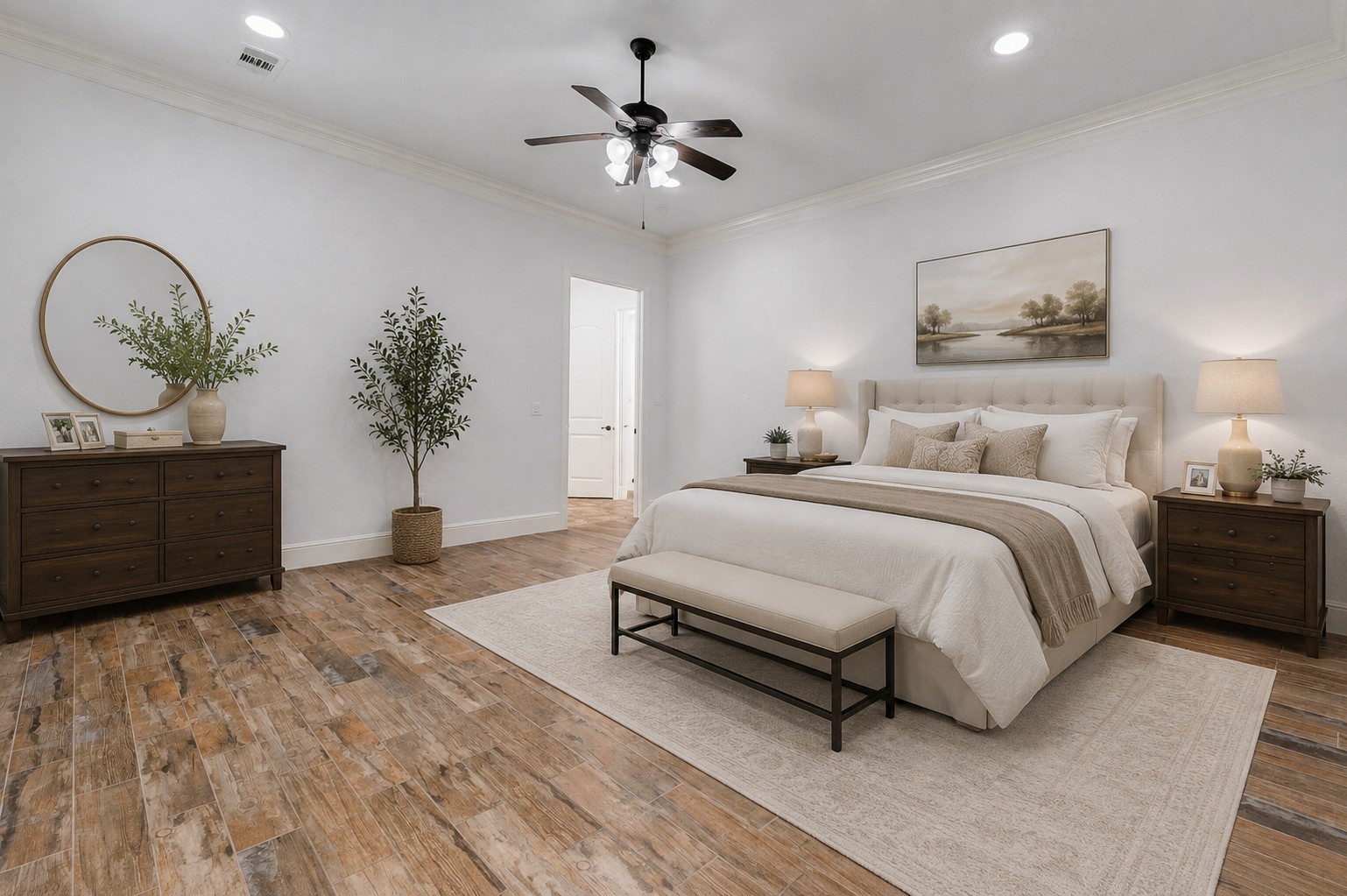 5327 Whitmore Fulshear, TX 77441 - Photo 23 of 50 The oversized primary bedroom offers generous space for large furnishings while maintaining a warm and inviting atmosphere designed for relaxation. *This photo is virtually staged.