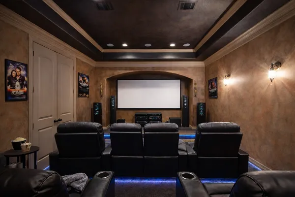 a media room with lots of chairs and a projector screen