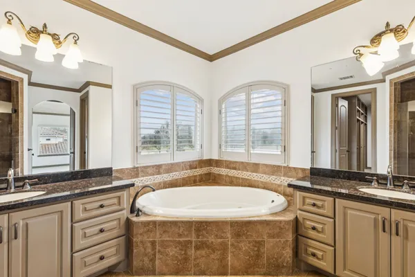 a bathroom with a granite countertop tub a double vanity sink and a large mirror