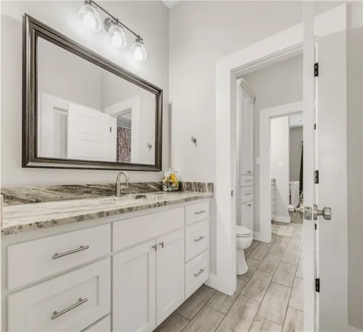 a bathroom with a shower and a toilet