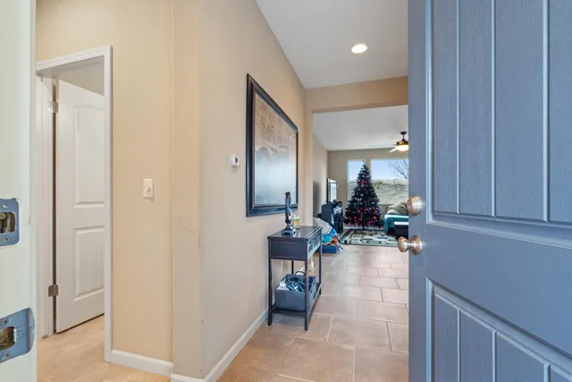 a room with a table and a mirror