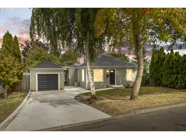 a view of a house with backyard and a tree