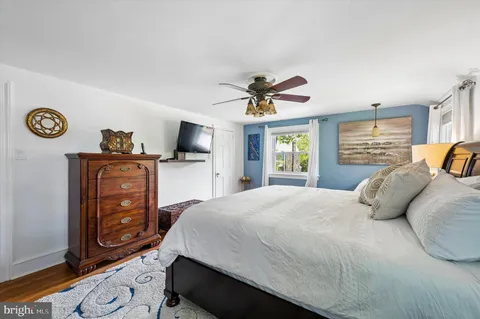 a bedroom with a bed and a tv on dresser