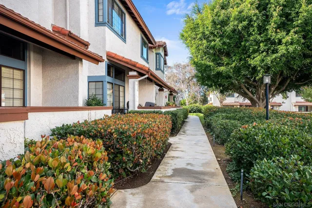 a front view of a house with a yard and potted plants
