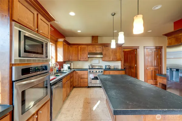 a large kitchen with lots of counter space