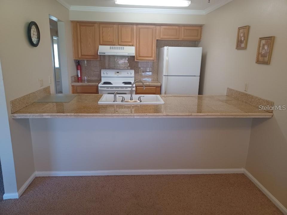 701 Perkins Street, Unit 203 Leesburg, FL 34748 - Photo 5 of 13 a kitchen with kitchen island cabinets and refrigerator