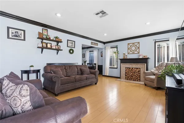 a living room with furniture and a fireplace