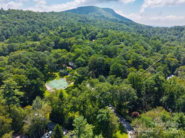 an aerial view of a houses with a lush green hillside