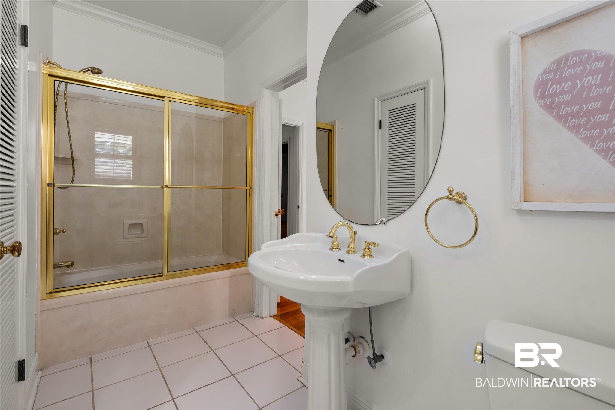 143 Myrtlewood Lane Mobile, AL 36608 - Photo 34 of 55 Full bathroom with tile patterned floors, visible vents, toilet, crown molding, and bath / shower combo with glass door