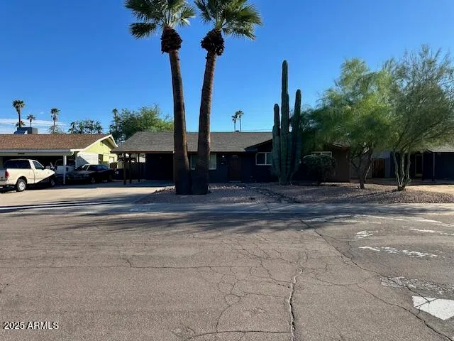 a view of street with small yard and a fountain