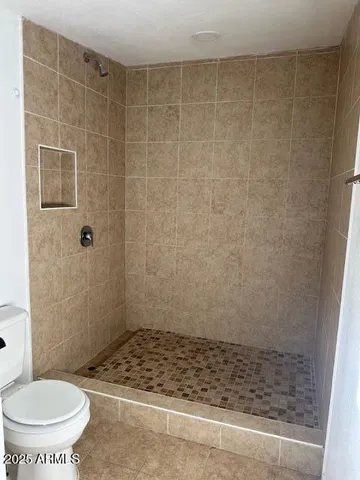a bathroom with a toilet and a shower