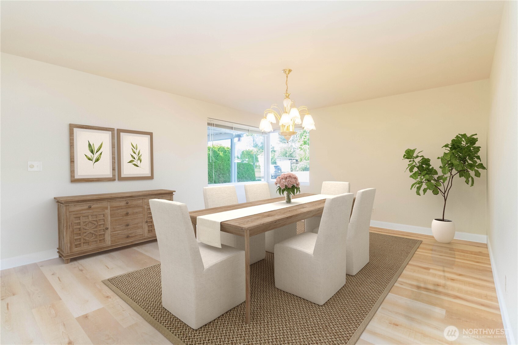 16958 121st Avenue Southeast Renton, WA 98058 - Photo 6 of 34 a view of a dining room with furniture a chandelier and wooden floor