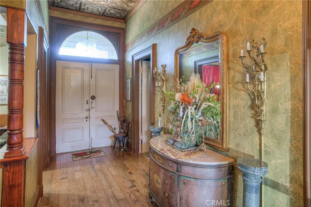a view of an entryway and chandelier