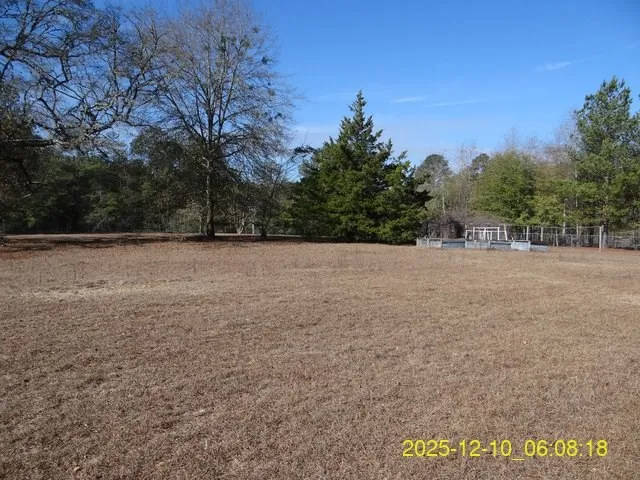 a view of a field with trees in background