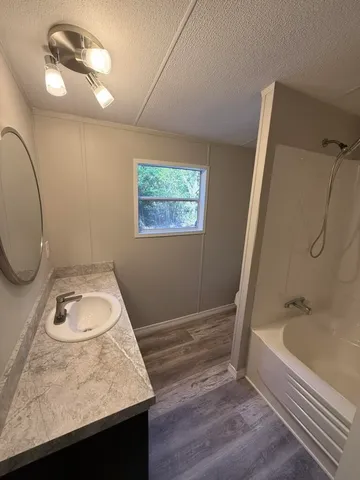 a bathroom with a granite countertop sink and a mirror