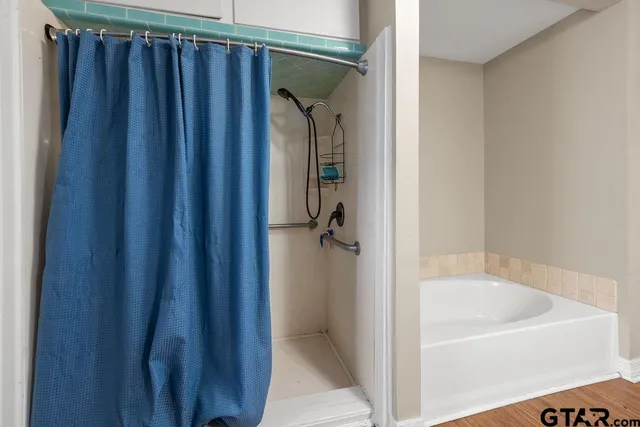 a bathroom with bathtub and a shower