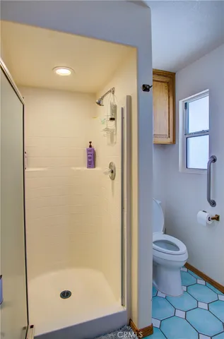 a bathroom with a shower and a toilet