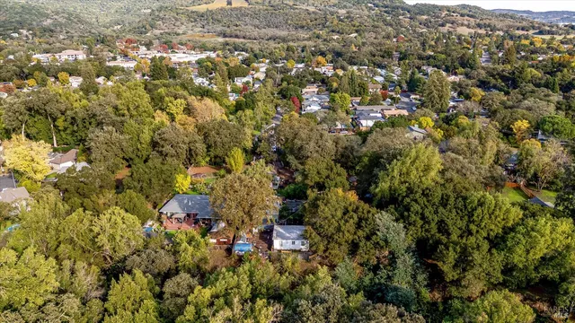 an aerial view of residential houses with outdoor space and trees