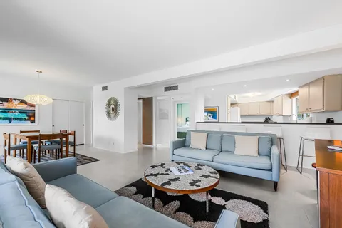 a living room with furniture and a dining table with kitchen view