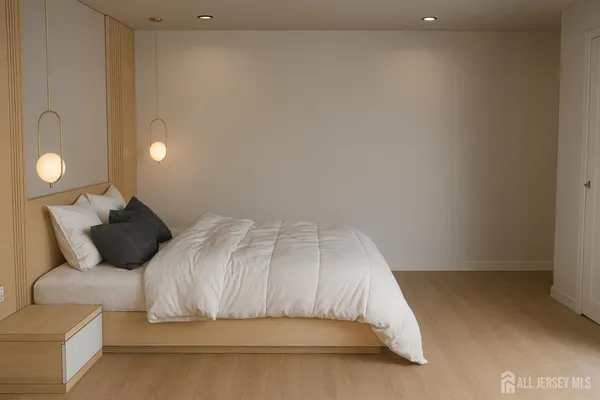a bedroom with a bed and lamp