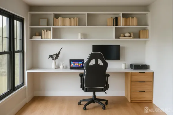 a room with a workspace