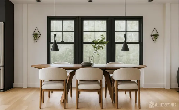 a dining room with furniture and window