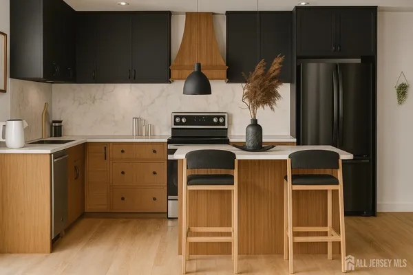 a kitchen with stainless steel appliances a stove and a microwave
