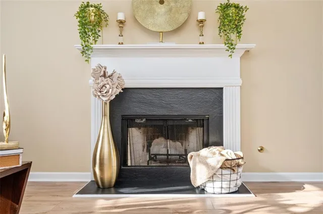 a white building with a fireplace in it