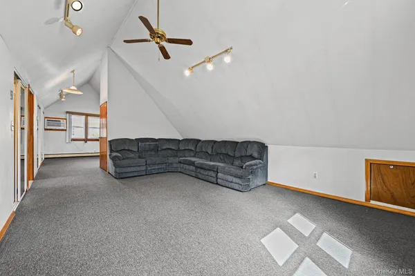 a living room with furniture a ceiling fan and a ceiling fan