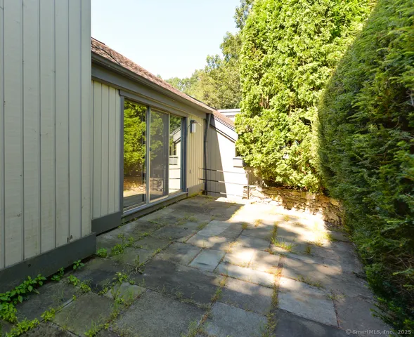 a backyard of a house with large trees and plants