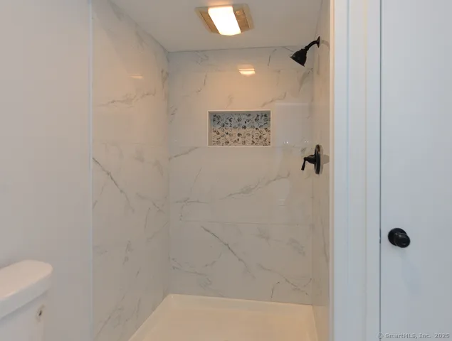 a bathroom with a shower and toilet