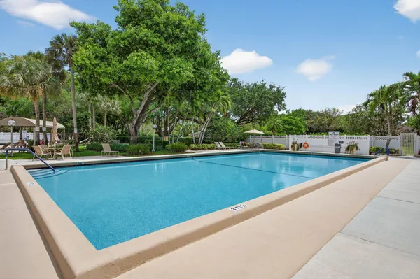 a view of a swimming pool and lounge chairs