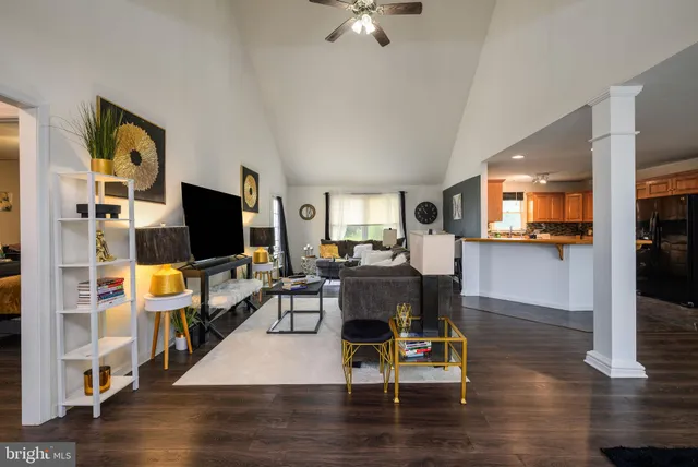 a living room with furniture and a lamp