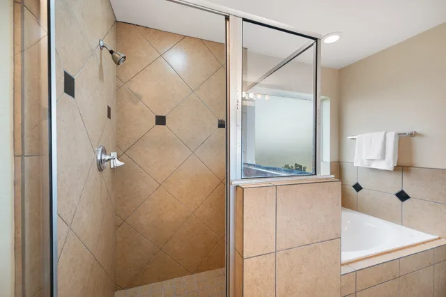 a bathroom with a bathtub and shower
