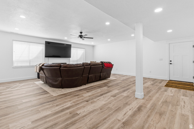 886 North 300th East Spring City, UT 84662 - Photo 34 of 40 Living room with a ceiling fan, light wood-style flooring, and recessed lighting