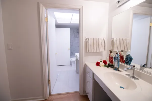 a bathroom with a sink and a mirror