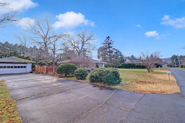 a view of a house with a yard and a large tree