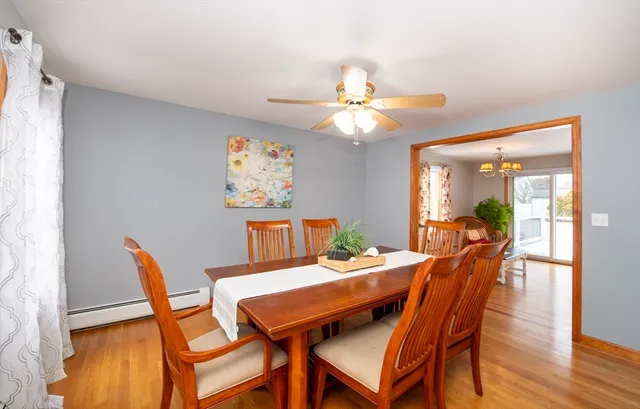 a view of a dining room with furniture and wooden floor