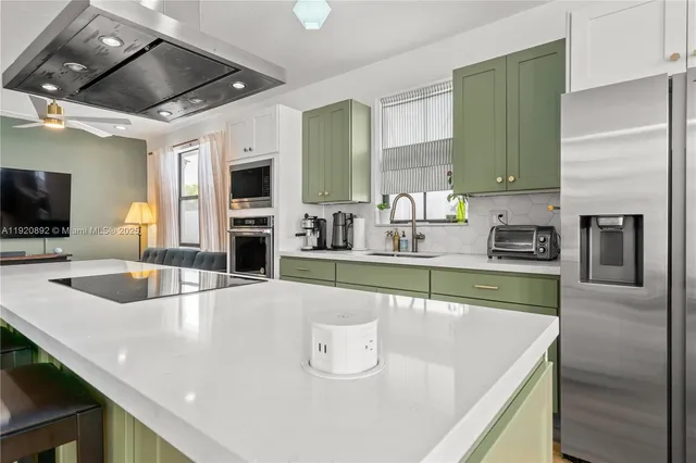 a kitchen with stainless steel appliances granite countertop a sink and a microwave