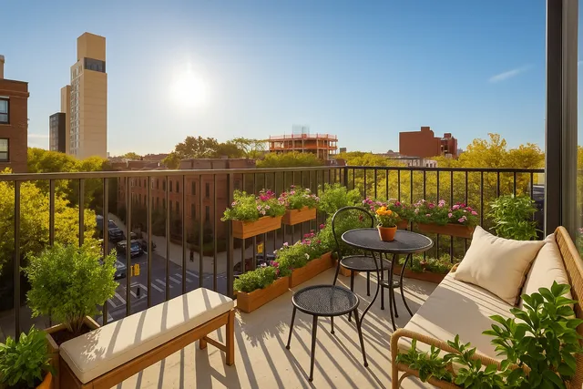 a view of a balcony with chairs and wooden floor