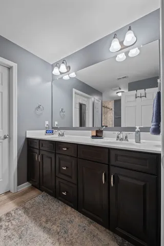 a bathroom with a sink vanity and a mirror