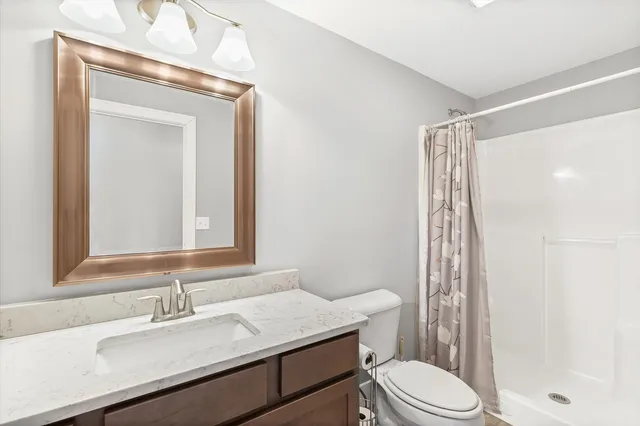 a bathroom with a sink a toilet a mirror and shower