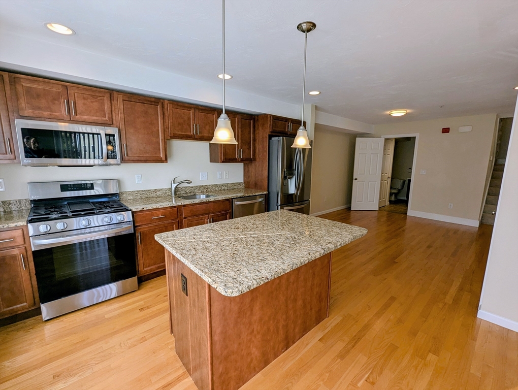 391 America Boulevard, Unit 391 Ashland, MA 01721 - Photo 3 of 22 a kitchen with stainless steel appliances granite countertop a sink a stove and a wooden floor