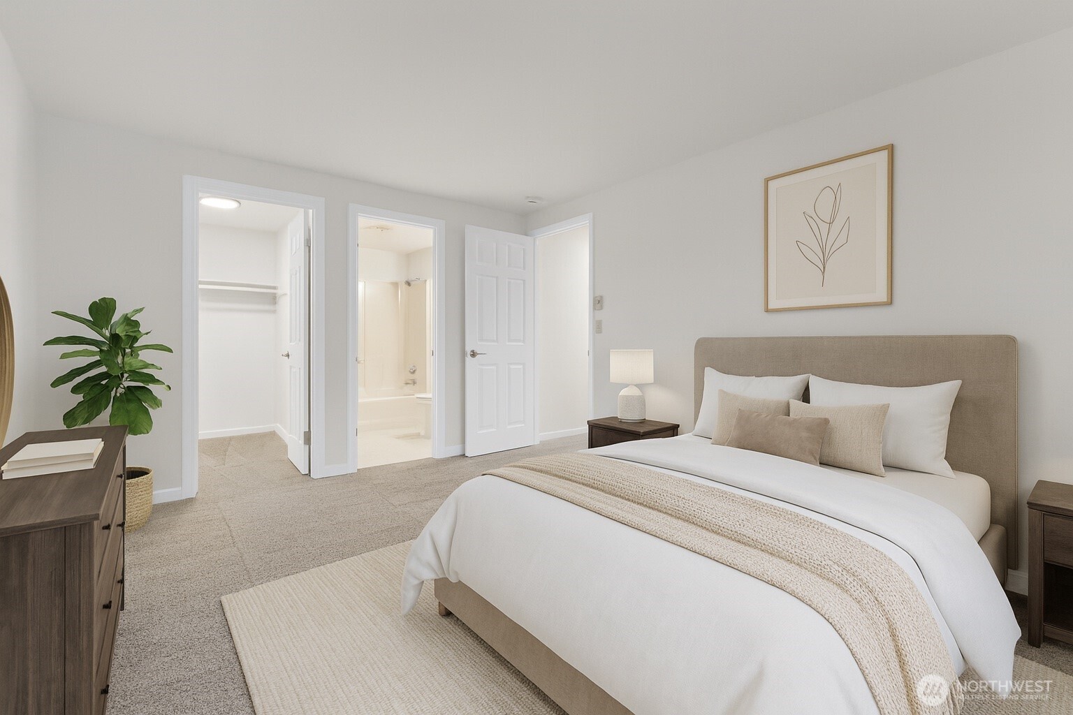 132 Northeast 95th Street, Unit B309 Seattle, WA 98115 - Photo 13 of 24 a spacious bedroom with a bed and a potted plant